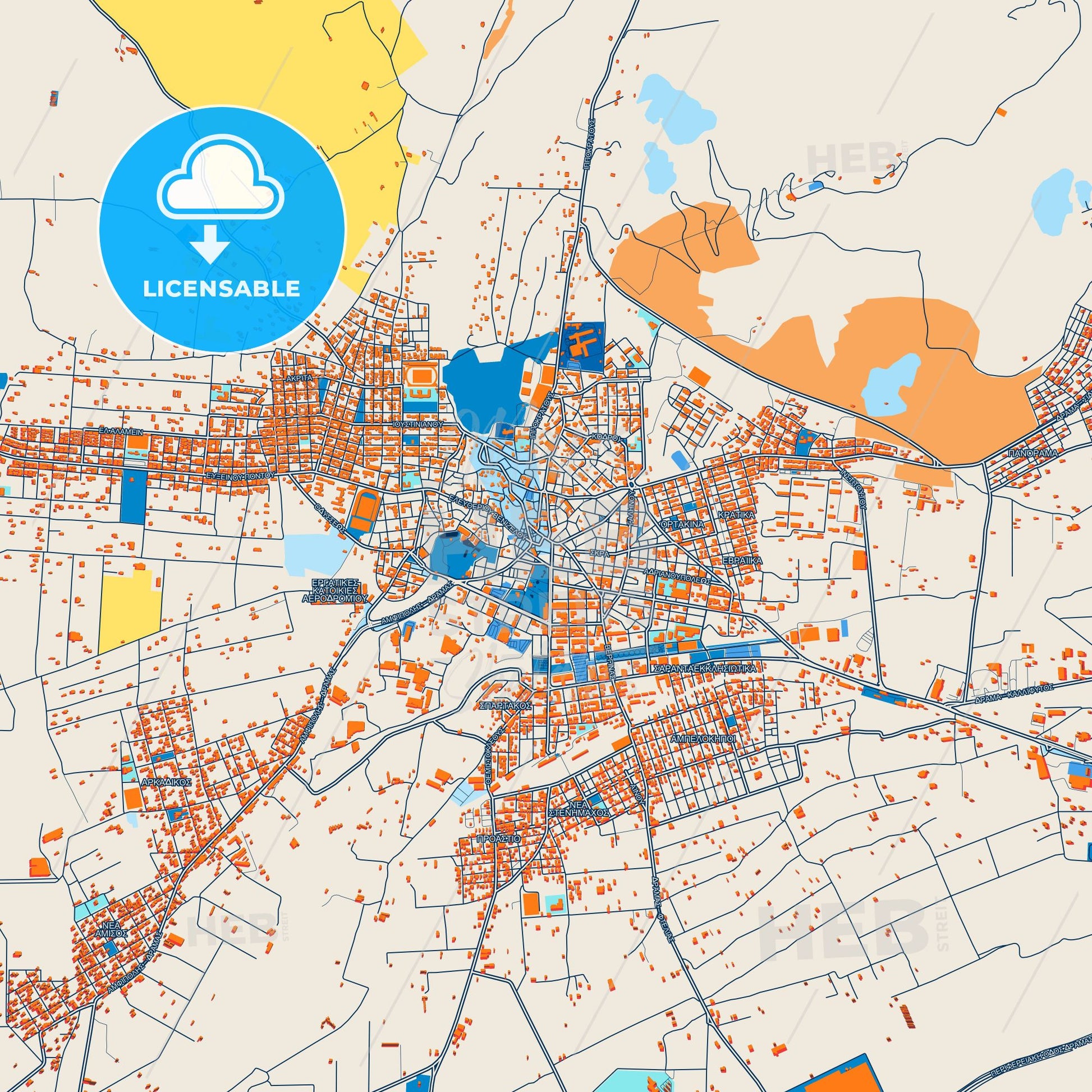 Colorful Drama Street Map with Labels and Buildings