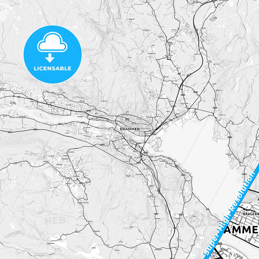 Drammen, Norway light map with streetnames, citynames and districts