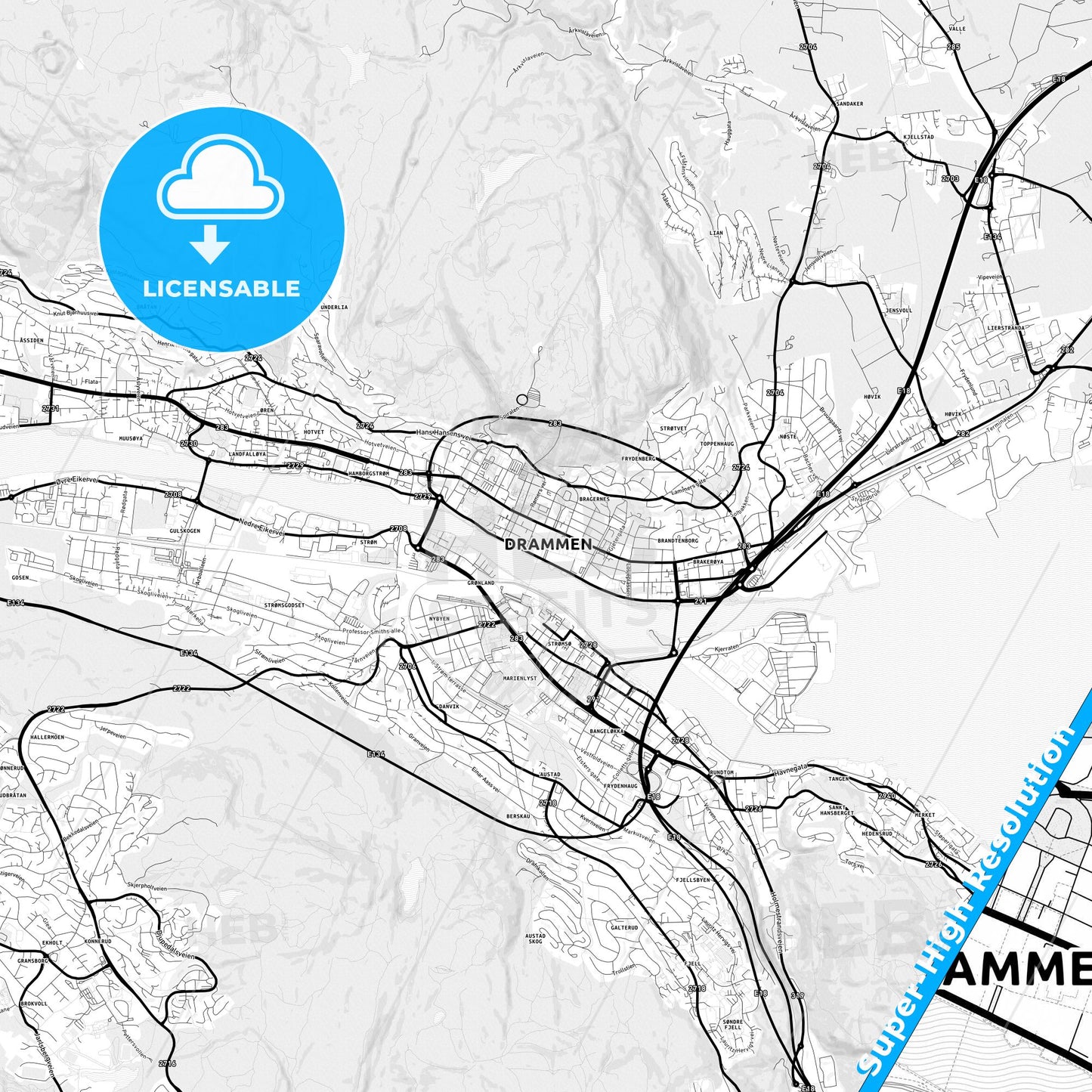 Drammen, Norway Light Map with Street Names, City Names, and Districts