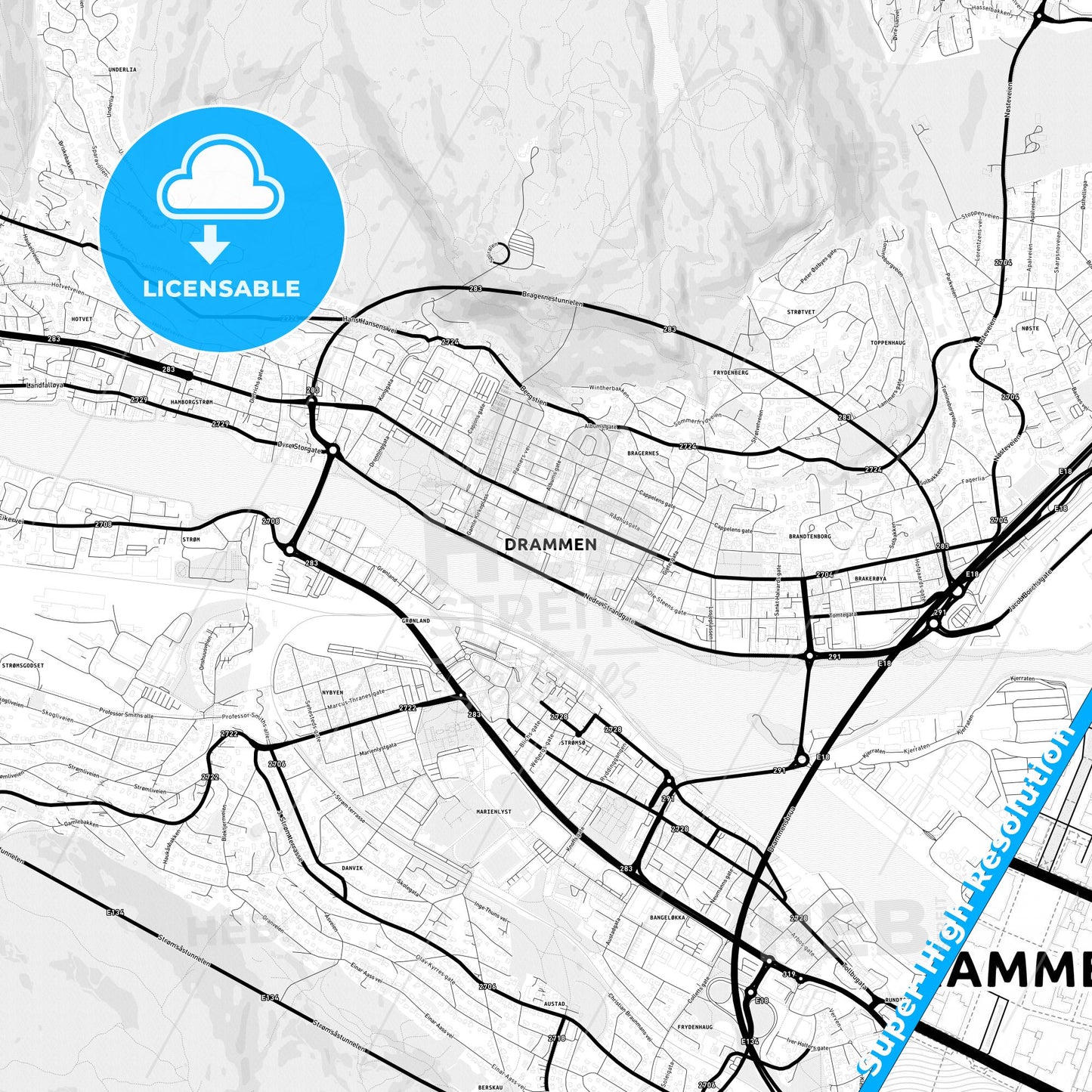 Drammen, Norway Light Map with Street Names, City Names, and Districts