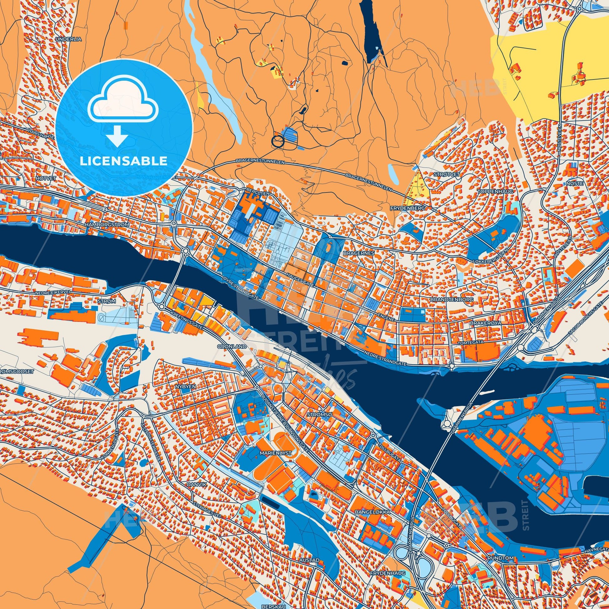 Colorful Drammen Street Map with Labels and Buildings