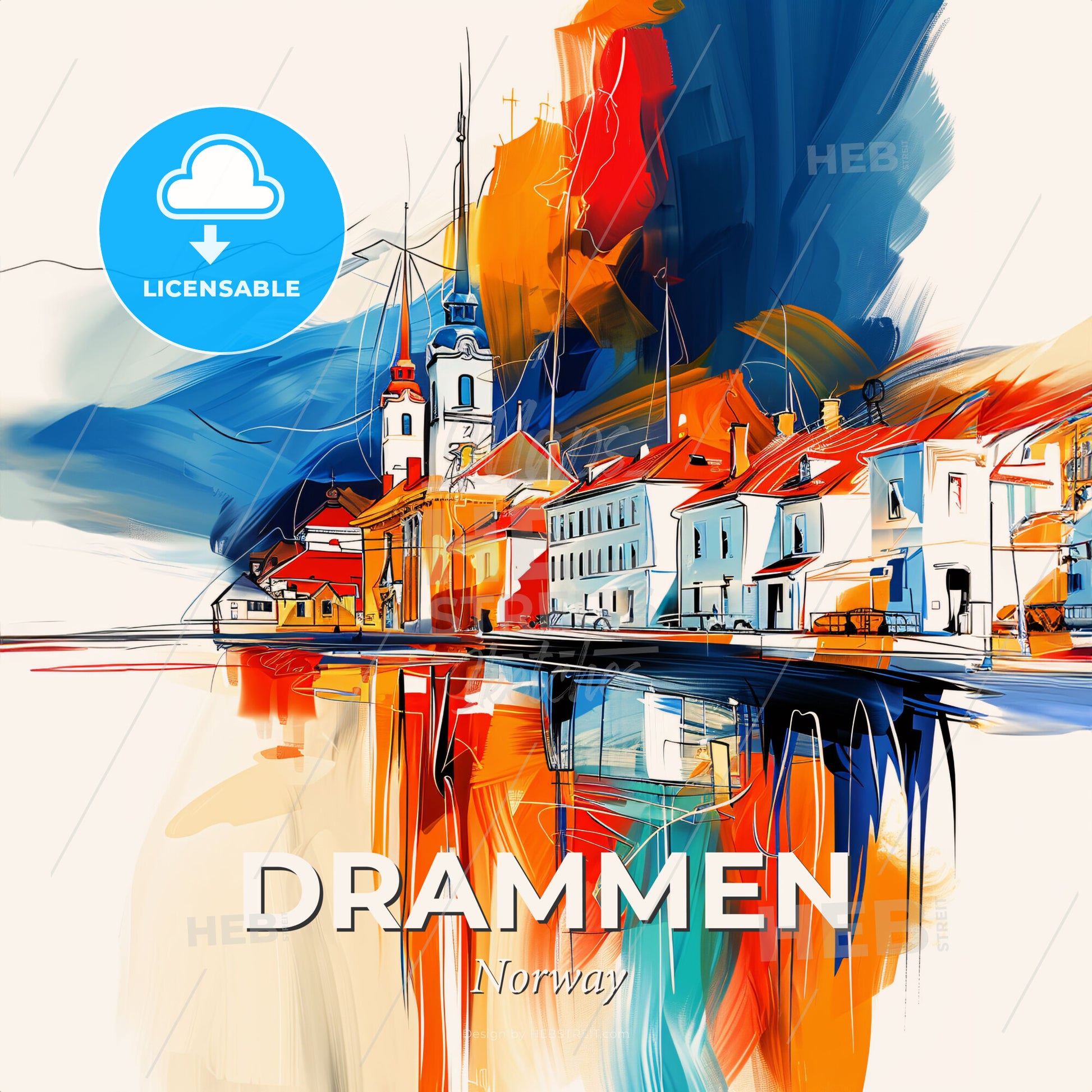 Vibrant Drammen, Norway - A Painting Of A Town With A Church And A Body Of Water - Square format print template