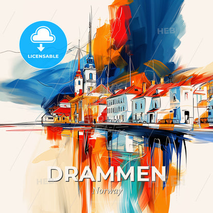 Vibrant Drammen, Norway - A Painting Of A Town With A Church And A Body Of Water - Square format print template