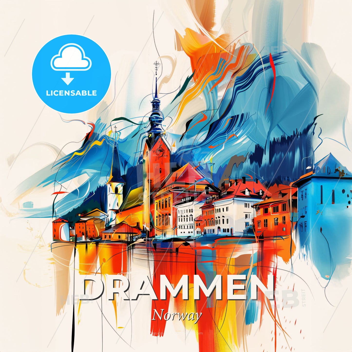 Vibrant Drammen, Norway - A Painting Of A City - Square format print template
