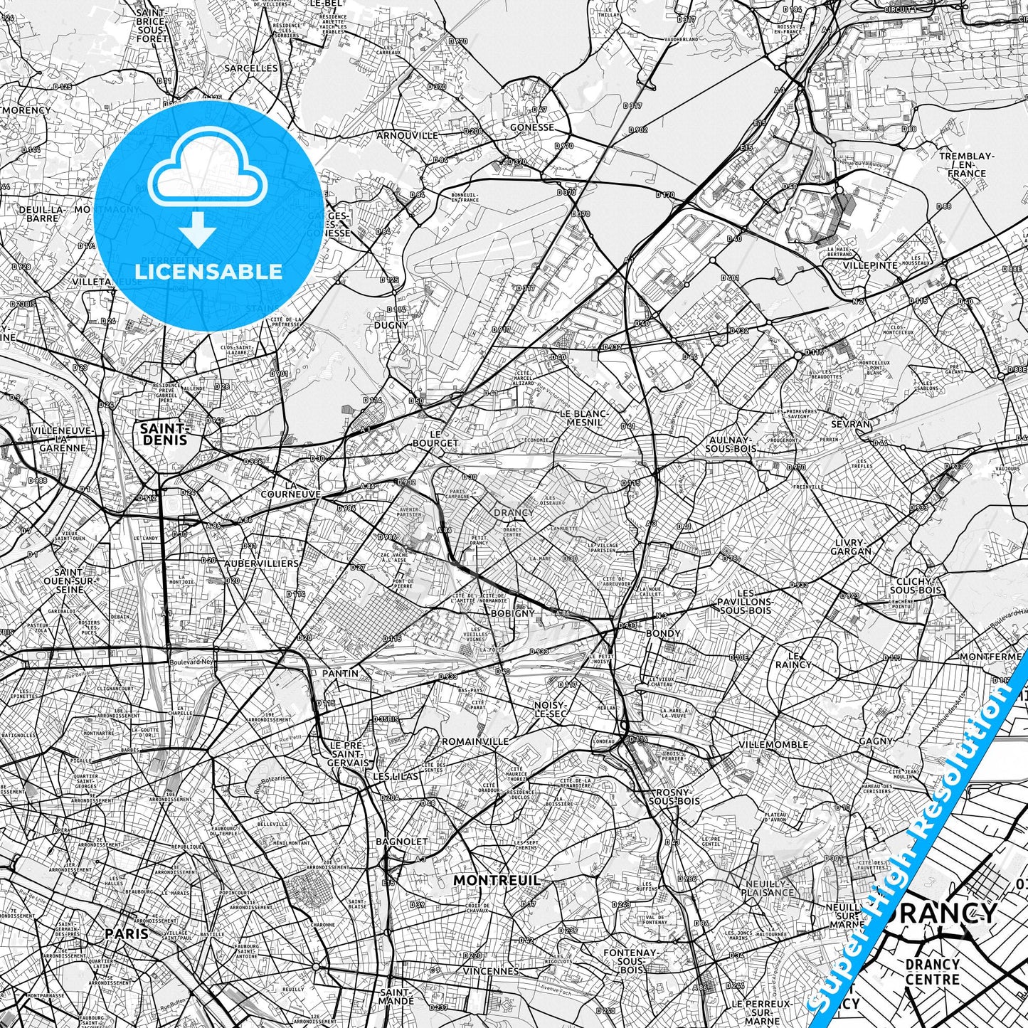Drancy, France light map with streetnames, citynames and districts