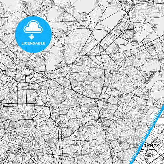 Drancy, France light map with streetnames, citynames and districts