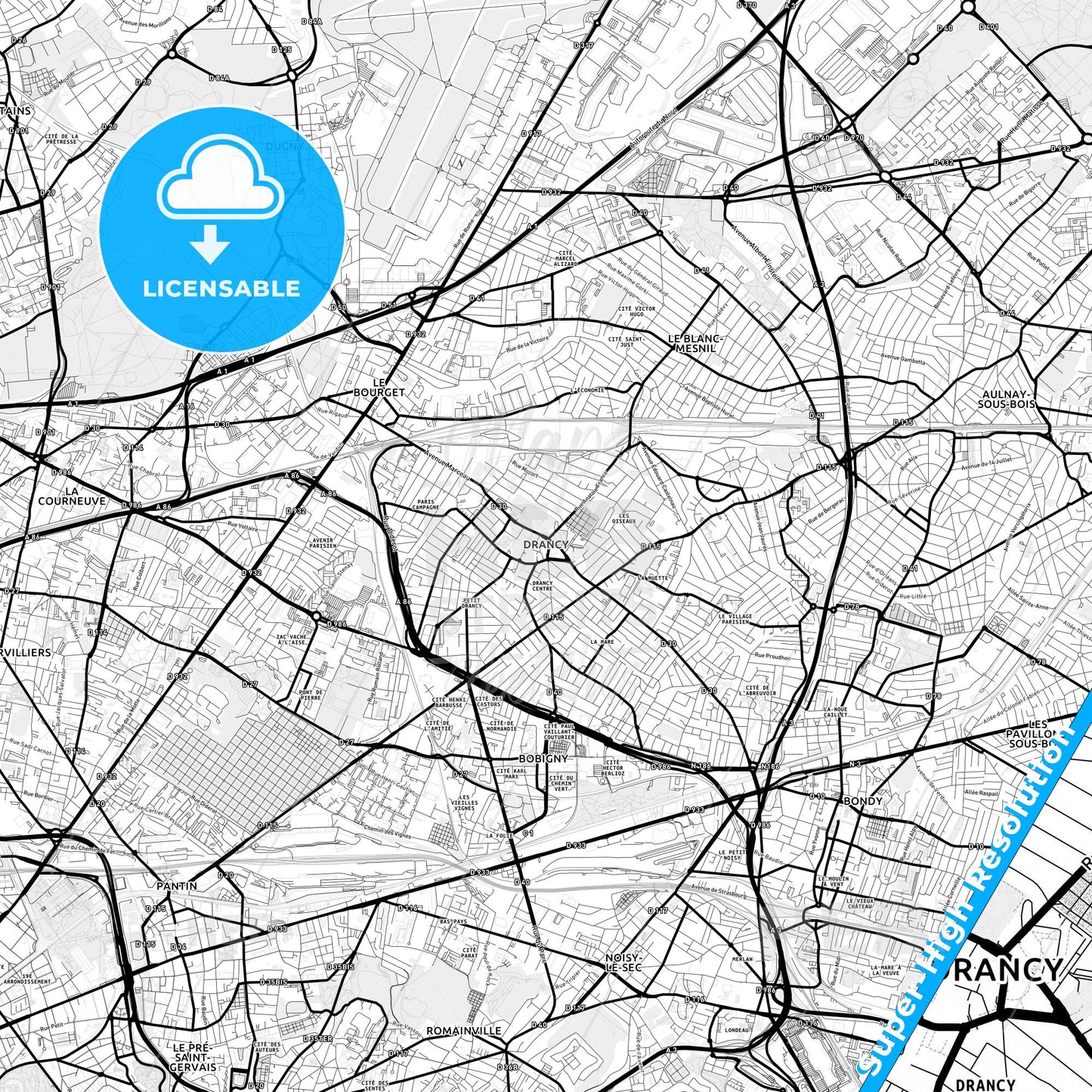 Drancy, France Light Map with Street Names, City Names, and Districts