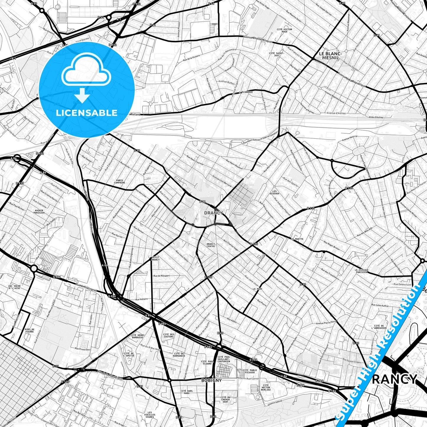 Drancy, France Light Map with Street Names, City Names, and Districts
