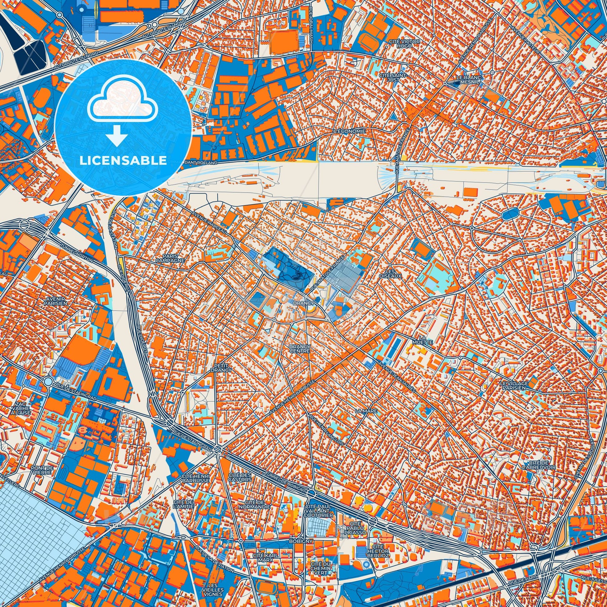 Colorful Drancy Street Map with Labels and Buildings