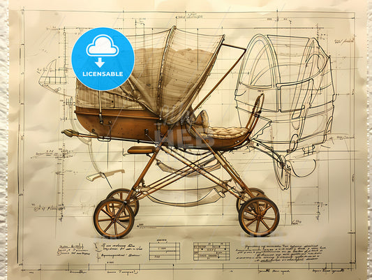 Vibrant Painting of a Baby Carriage, Detailed Ink Sketch with Blueprint-Style Notes, Medieval Preschool Slick Design with Clean Lines