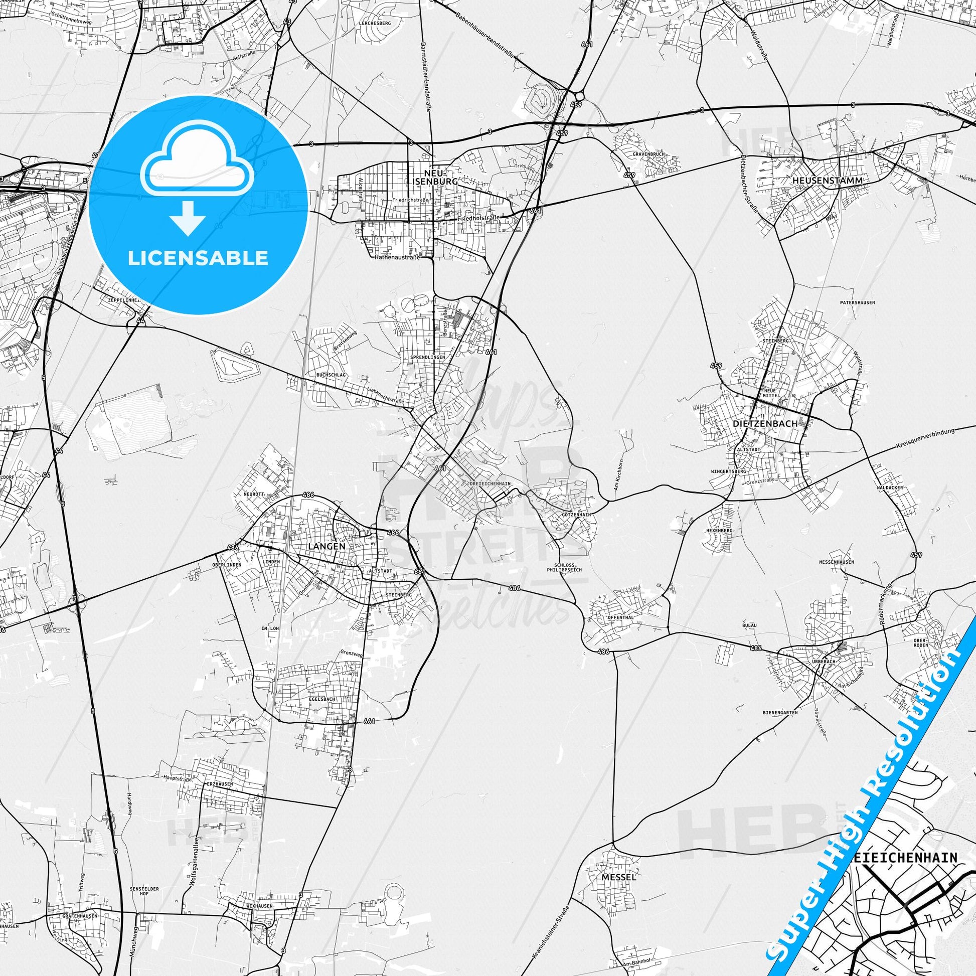 Dreieich, Germany light map with streetnames, citynames and districts