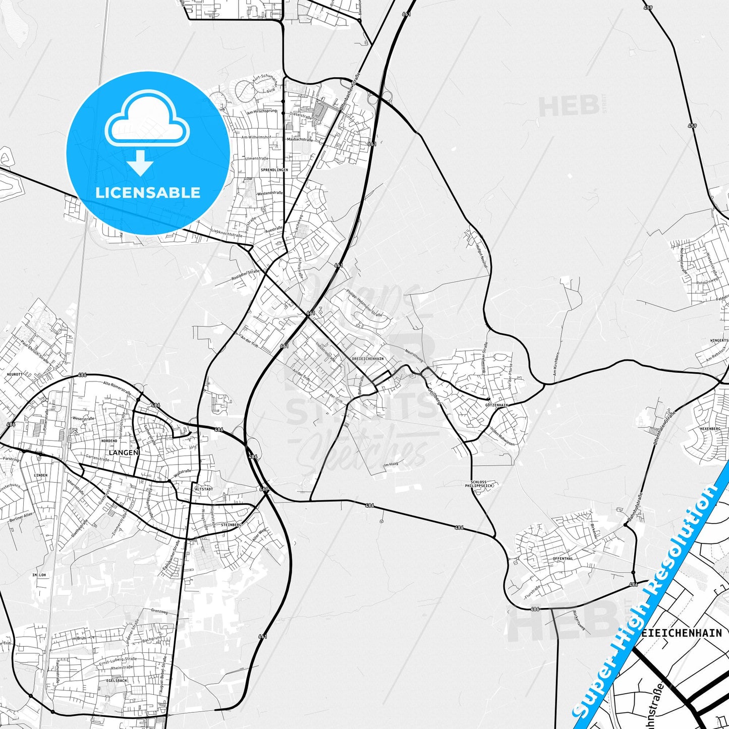 Dreieich, Germany Light Map with Street Names, City Names, and Districts