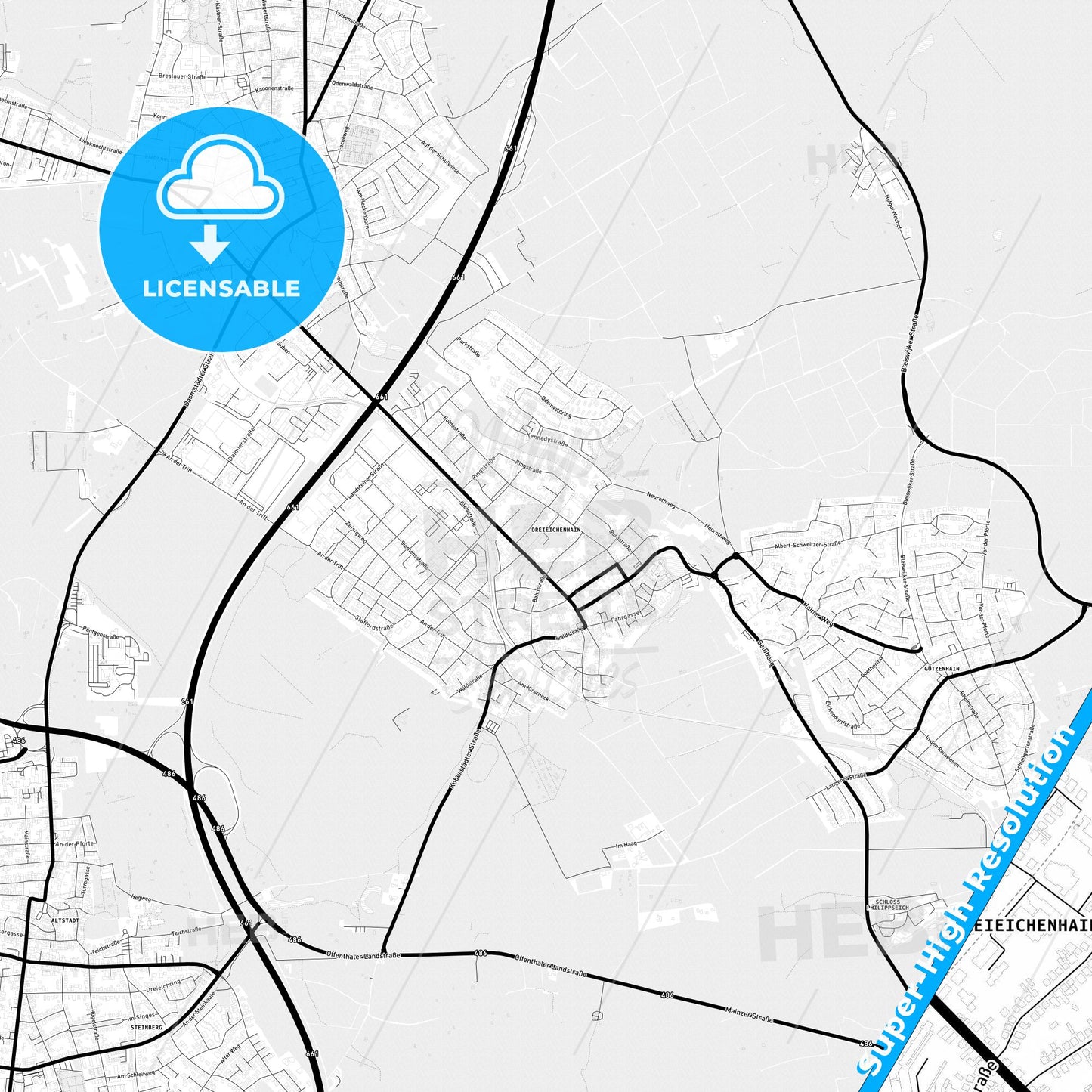 Dreieich, Germany Light Map with Street Names, City Names, and Districts