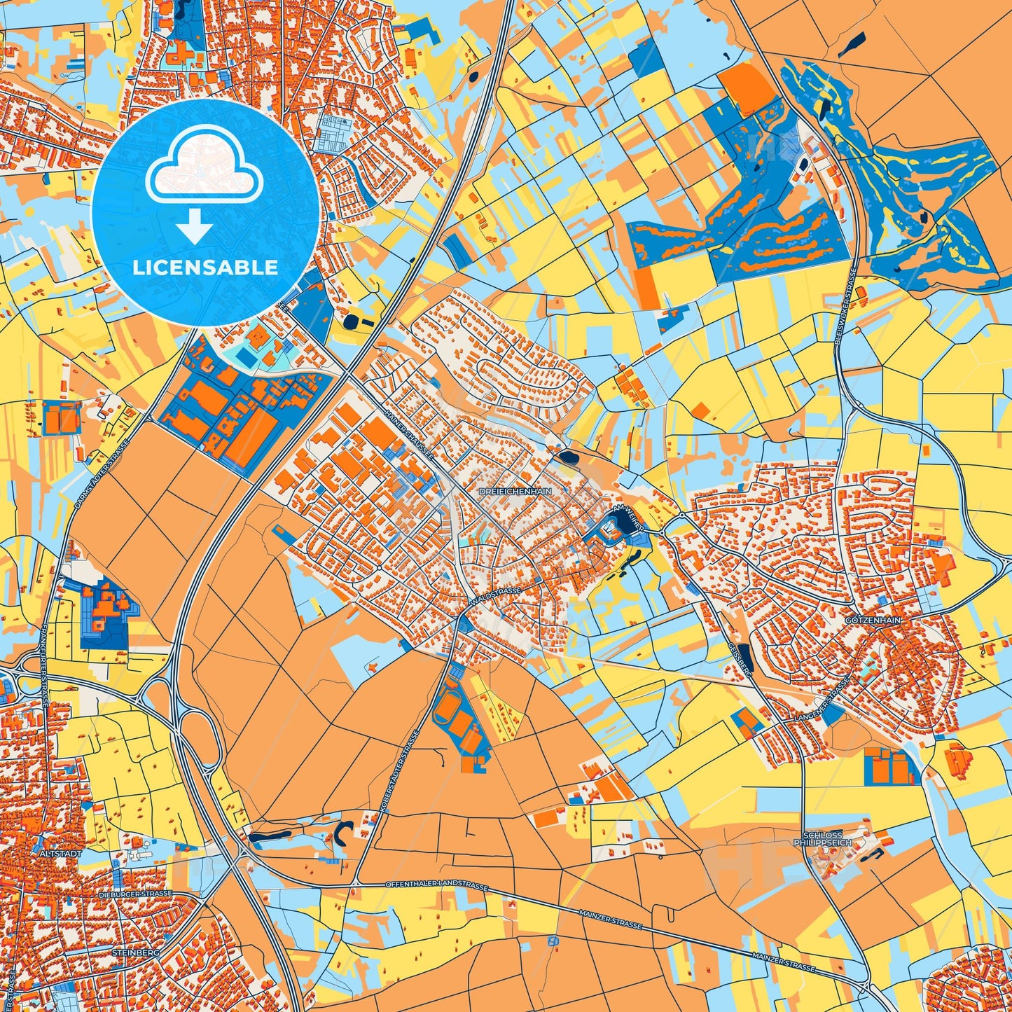 Colorful Dreieich Street Map with Labels and Buildings
