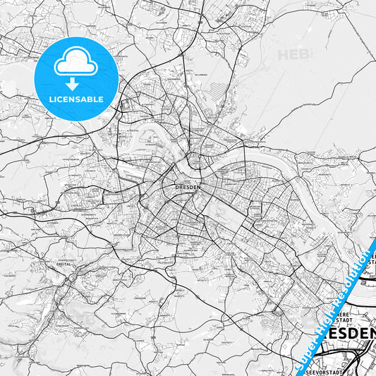 Dresden, Germany light map with streetnames, citynames and districts