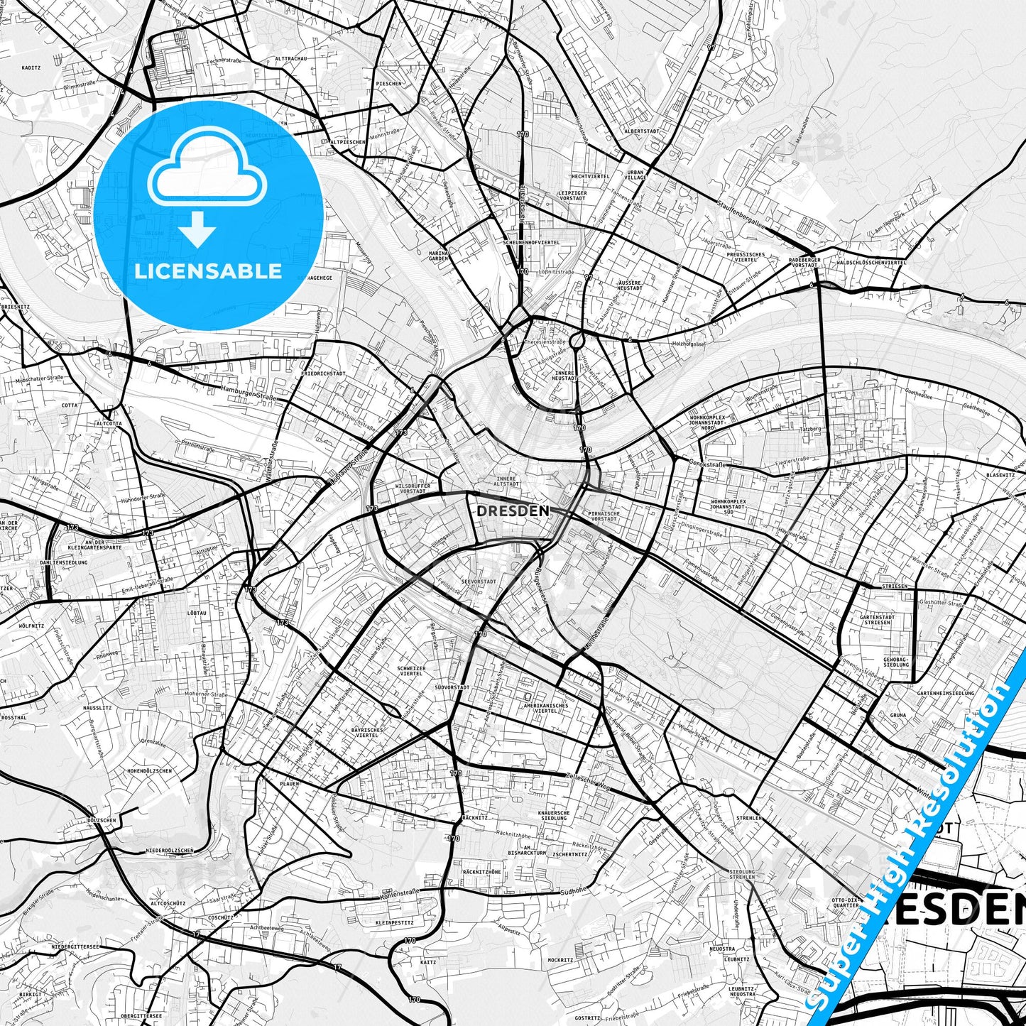 Dresden, Germany Light Map with Street Names, City Names, and Districts