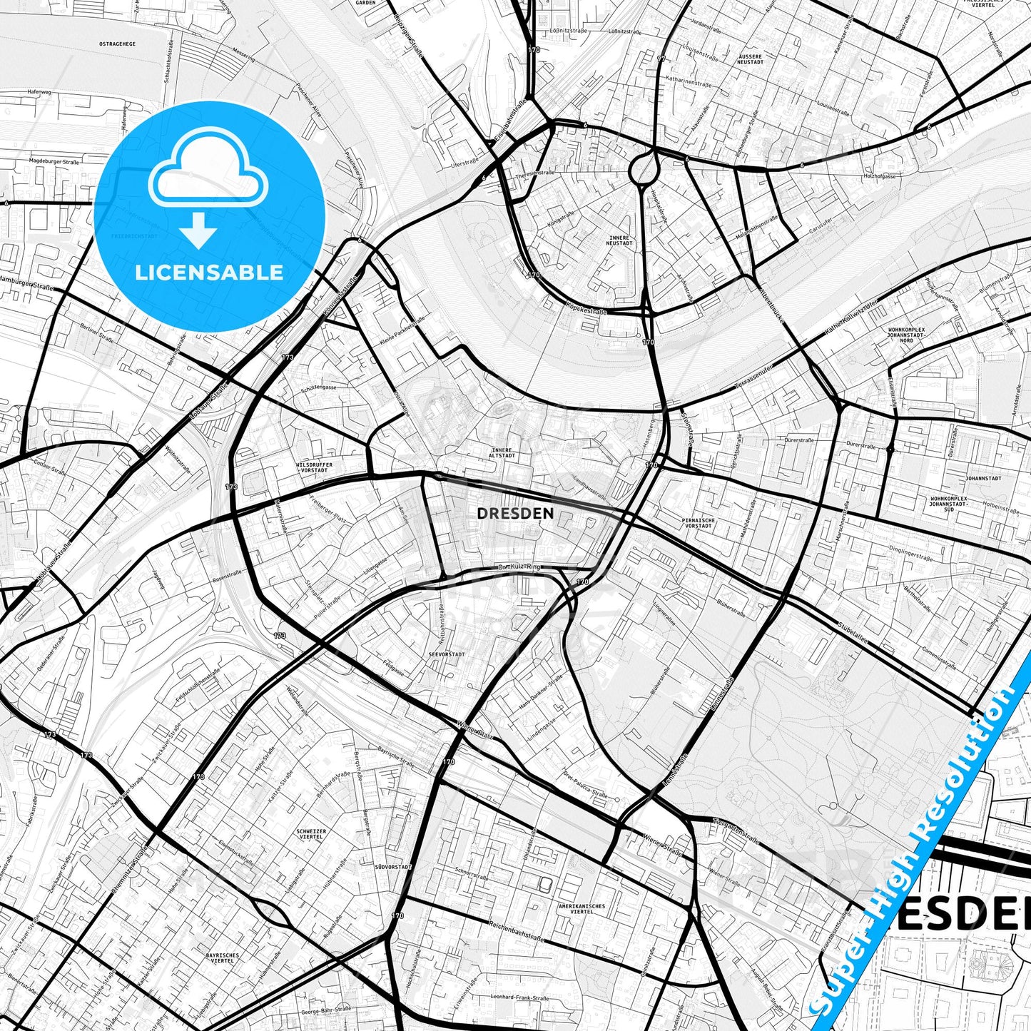 Dresden, Germany Light Map with Street Names, City Names, and Districts
