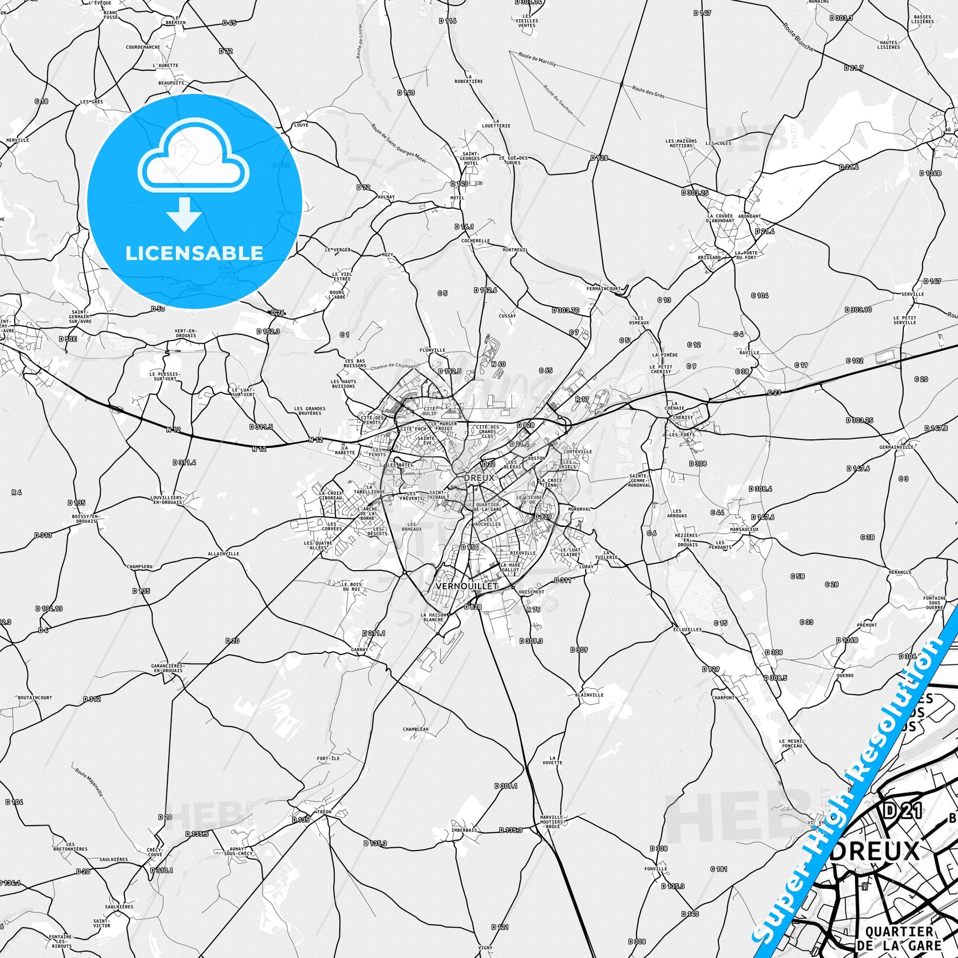 Dreux, France light map with streetnames, citynames and districts