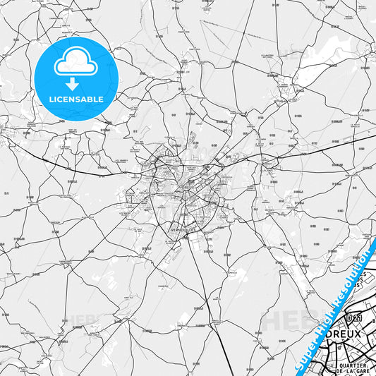 Dreux, France light map with streetnames, citynames and districts