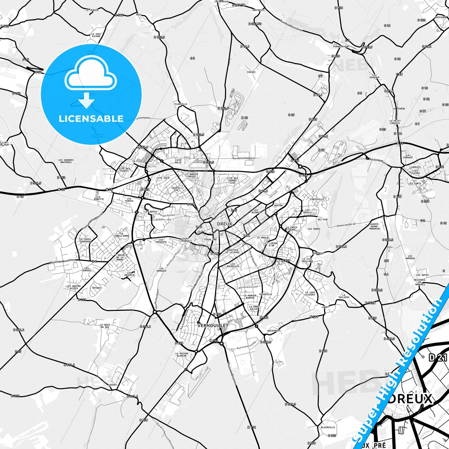 Dreux, France Light Map with Street Names, City Names, and Districts