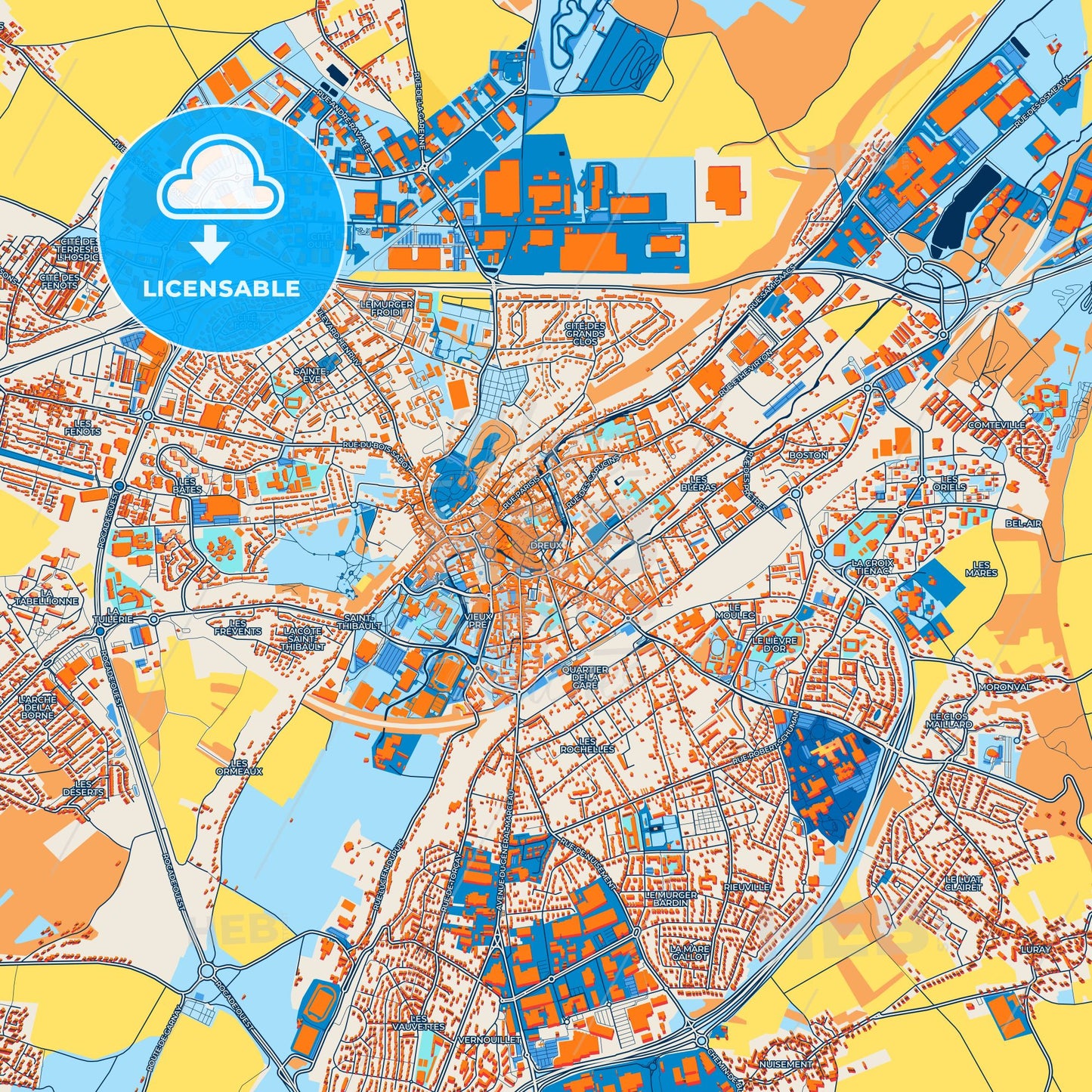 Colorful Dreux Street Map with Labels and Buildings