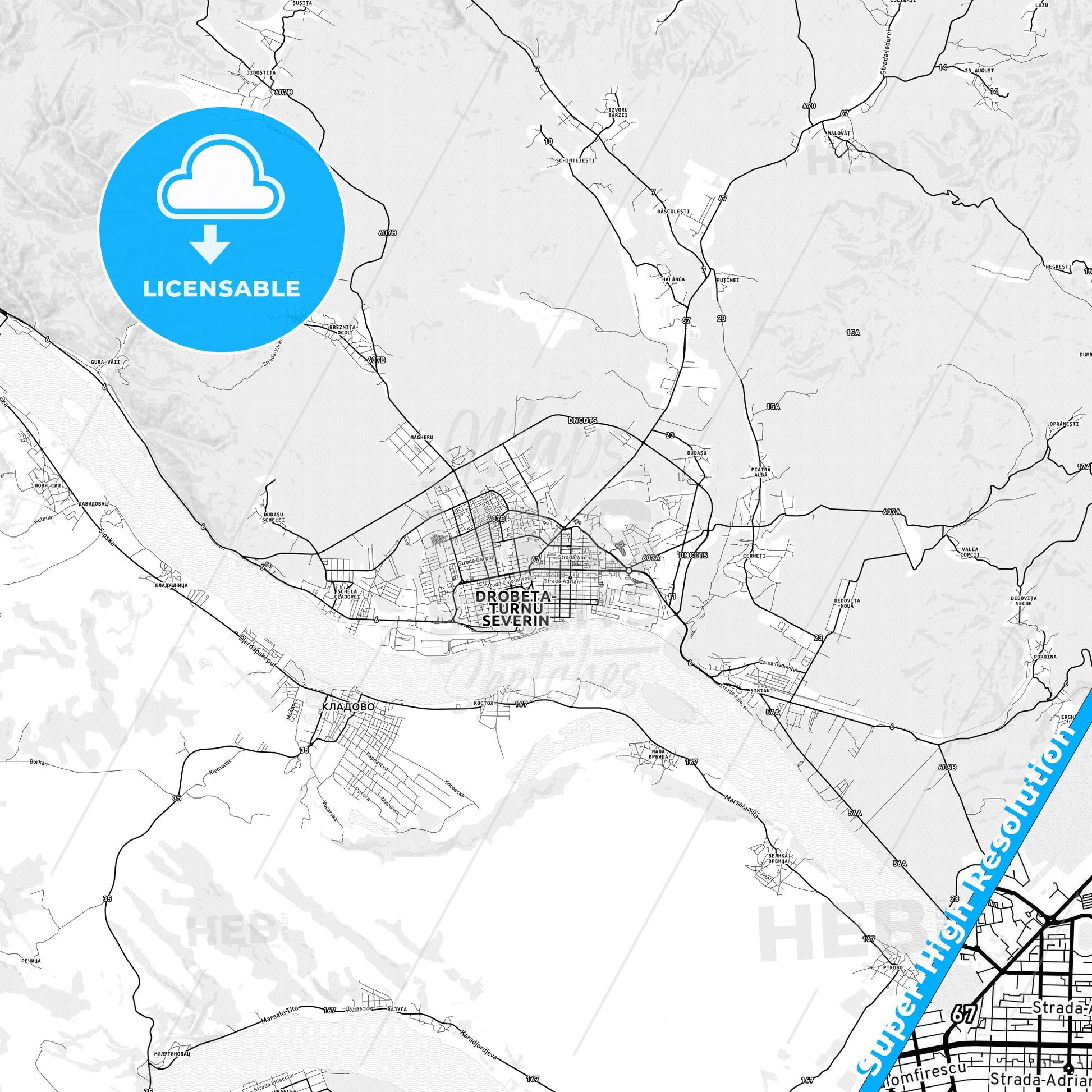 Drobeta-Turnu Severin, Romania light map with streetnames, citynames and districts