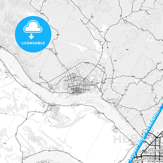 Drobeta-Turnu Severin, Romania light map with streetnames, citynames and districts
