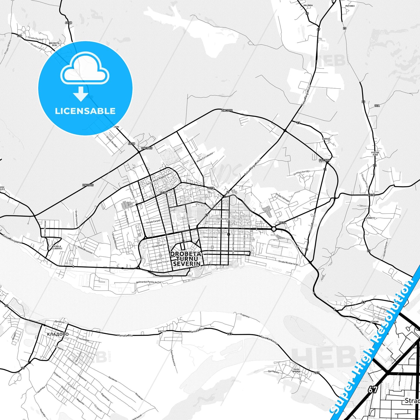 Drobeta-Turnu Severin, Romania Light Map with Street Names, City Names, and Districts