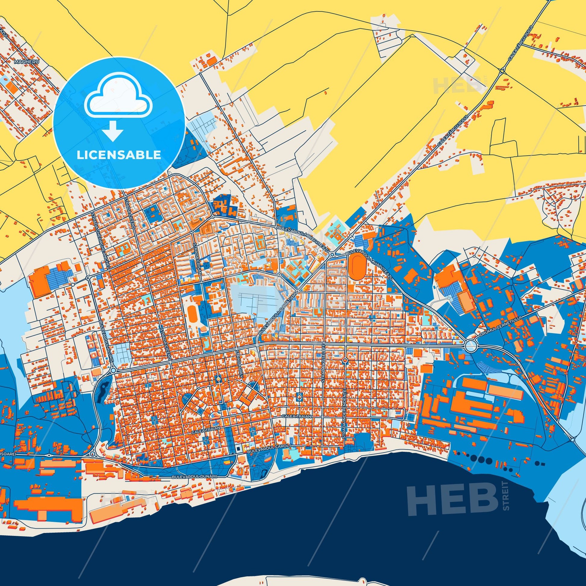 Colorful Drobeta-Turnu Severin Street Map with Labels and Buildings