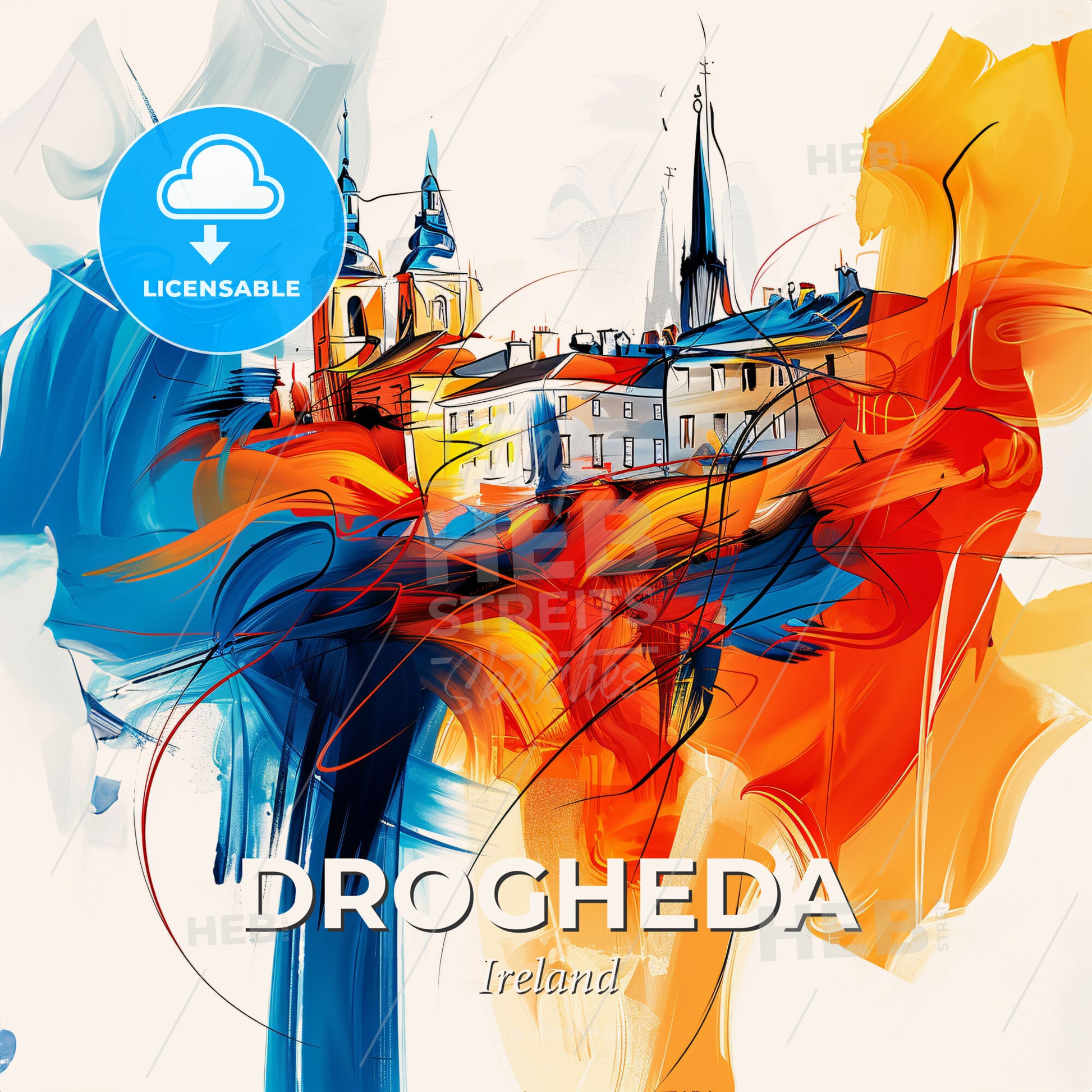 Vibrant Drogheda, Ireland - A Colorful Painting Of Buildings And Towers - Square format print template