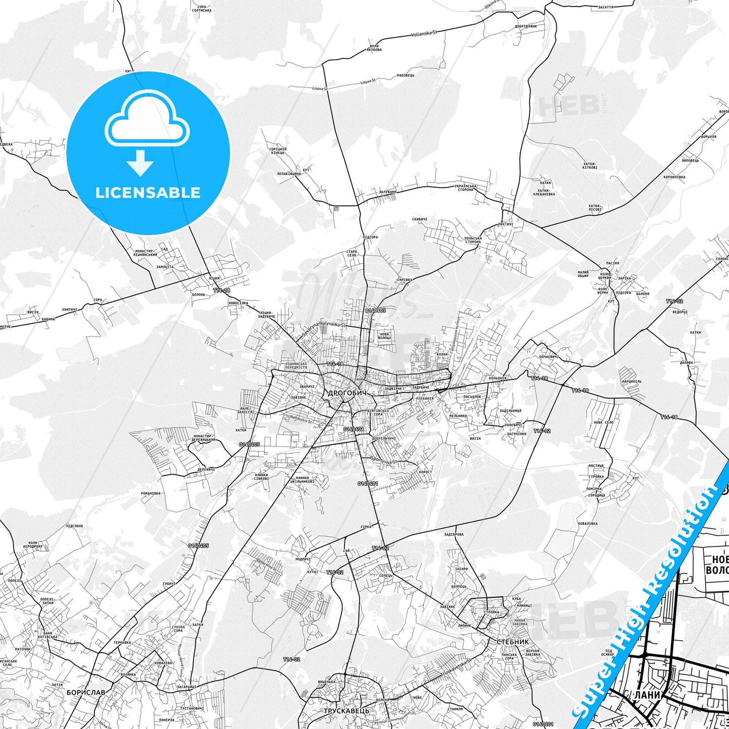 Drohobych, Ukraine light map with streetnames, citynames and districts