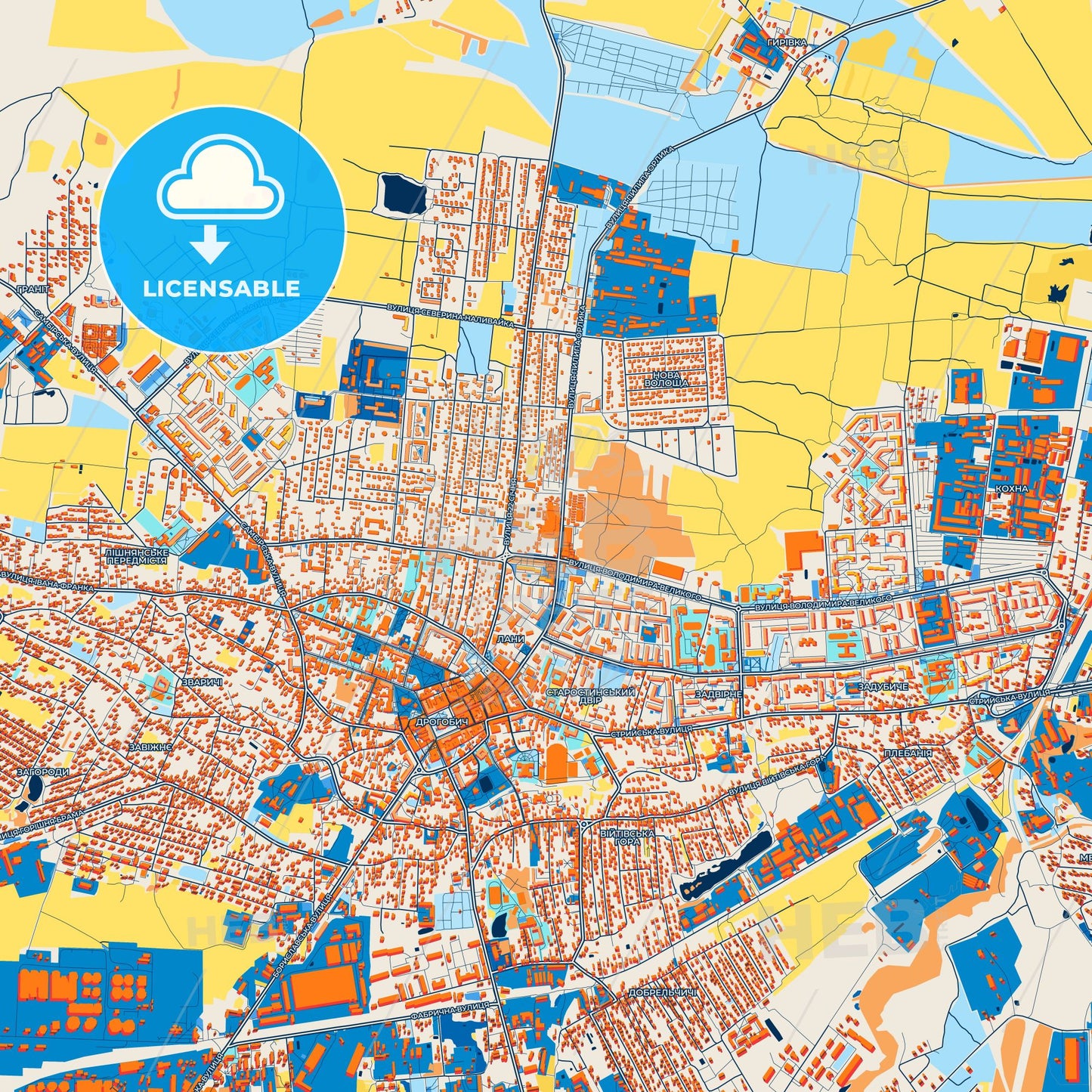 Colorful Drohobych Street Map with Labels and Buildings
