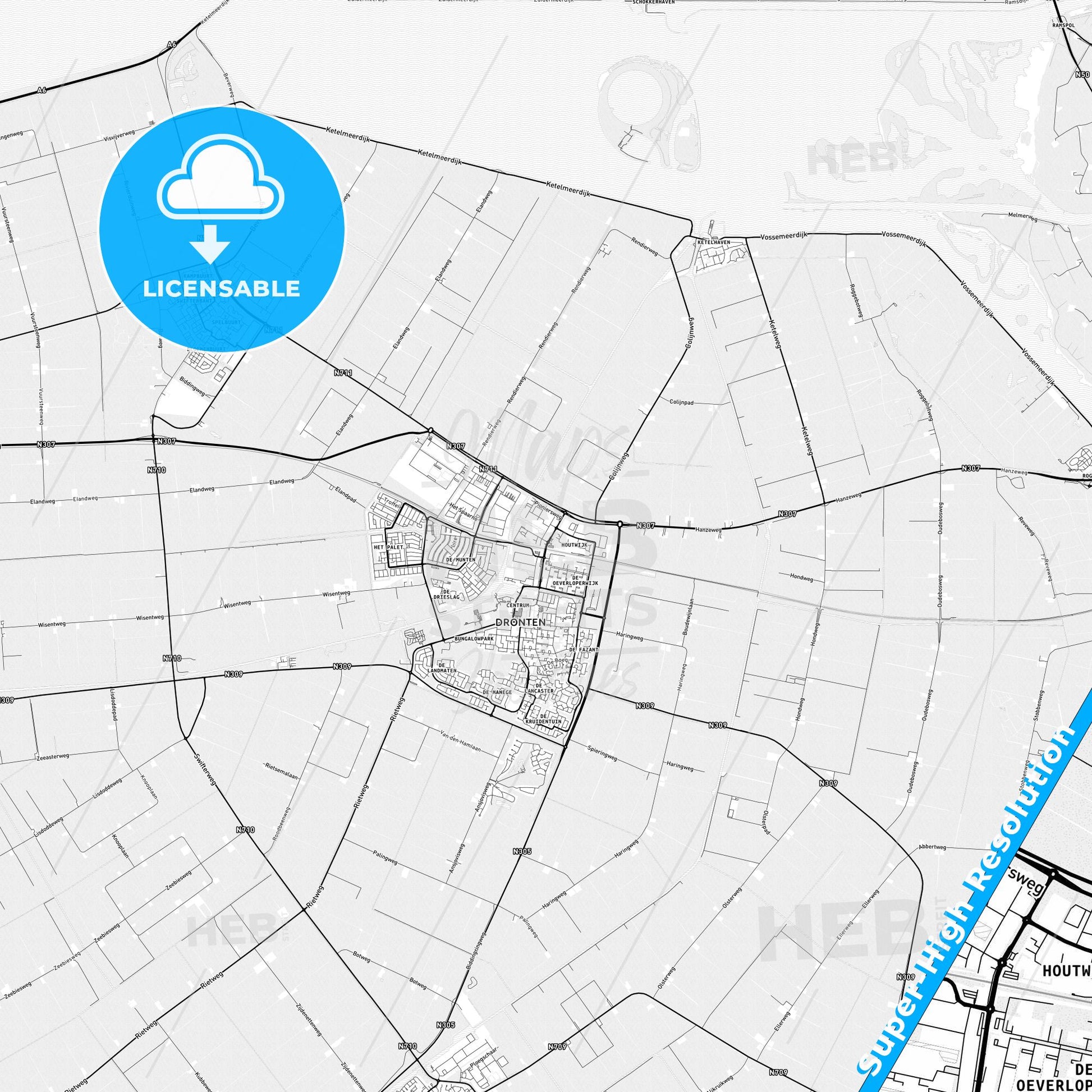 Dronten, Netherlands light map with streetnames, citynames and districts