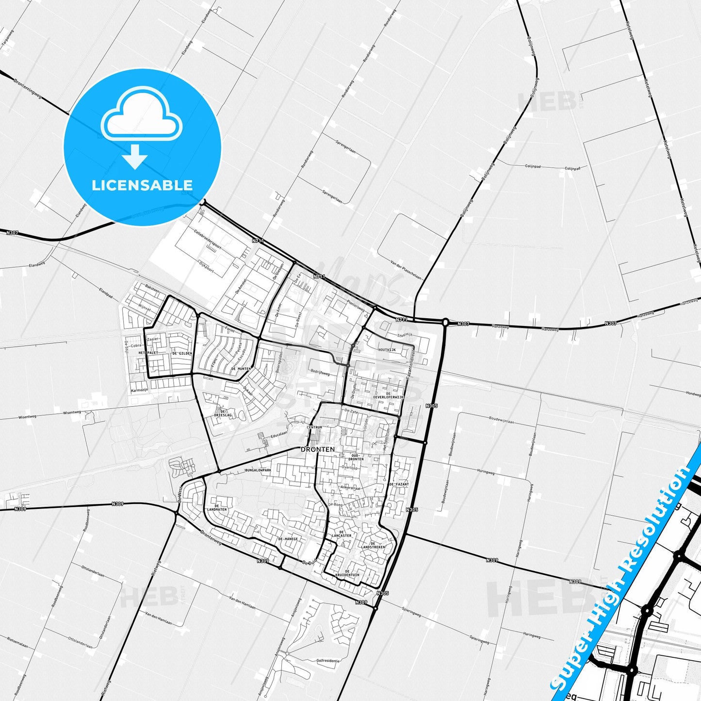 Dronten, Netherlands Light Map with Street Names, City Names, and Districts