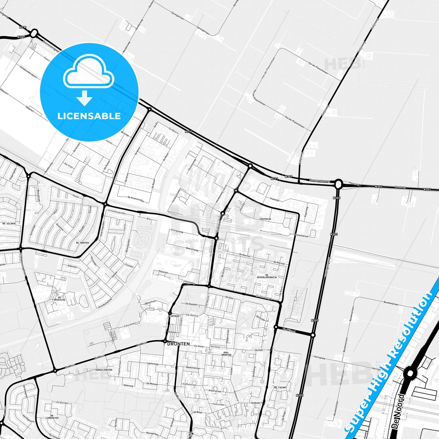 Dronten, Netherlands Light Map with Street Names, City Names, and Districts
