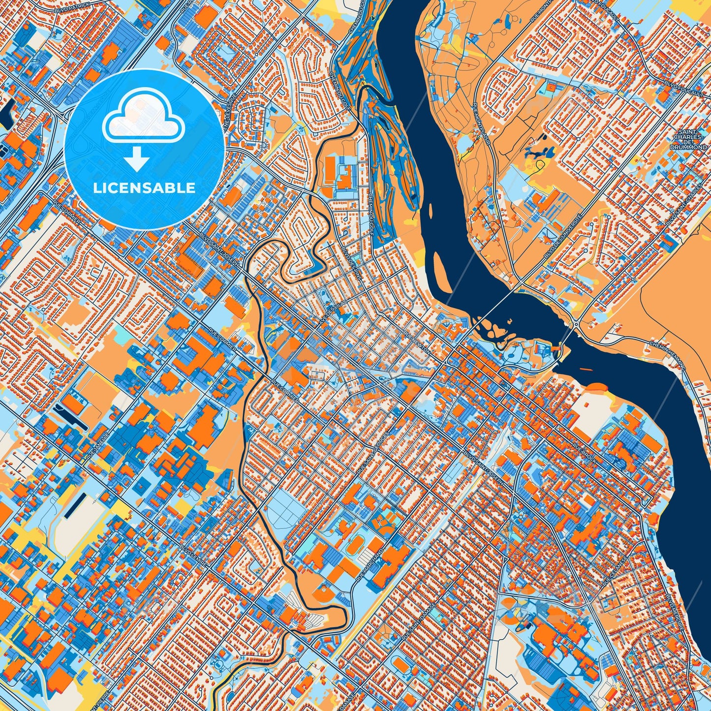 Colorful Drummondville Street Map with Labels and Buildings
