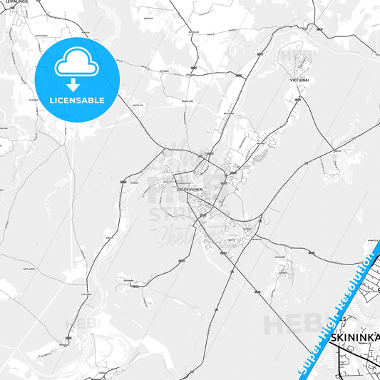 Druskininkai, Lithuania light map with streetnames, citynames and districts