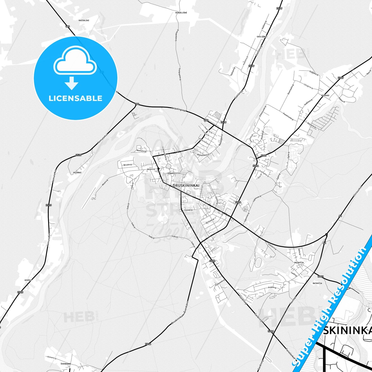 Druskininkai, Lithuania Light Map with Street Names, City Names, and Districts
