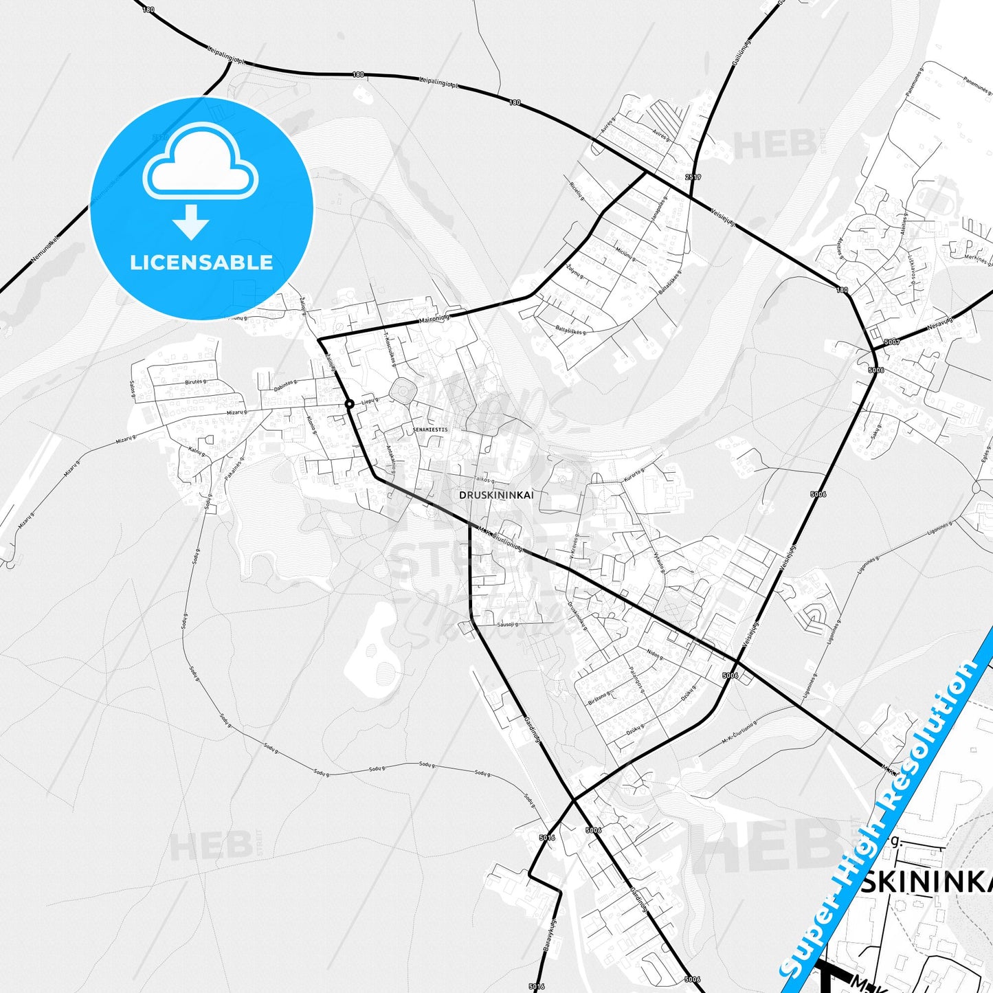 Druskininkai, Lithuania Light Map with Street Names, City Names, and Districts