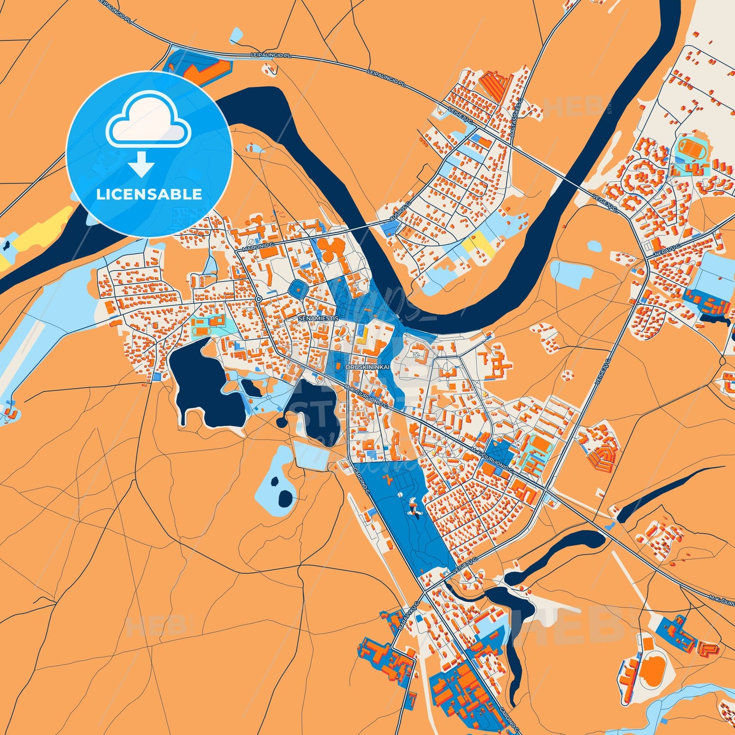Colorful Druskininkai Street Map with Labels and Buildings