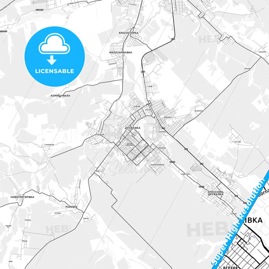 Druzhkivka, Ukraine light map with streetnames, citynames and districts