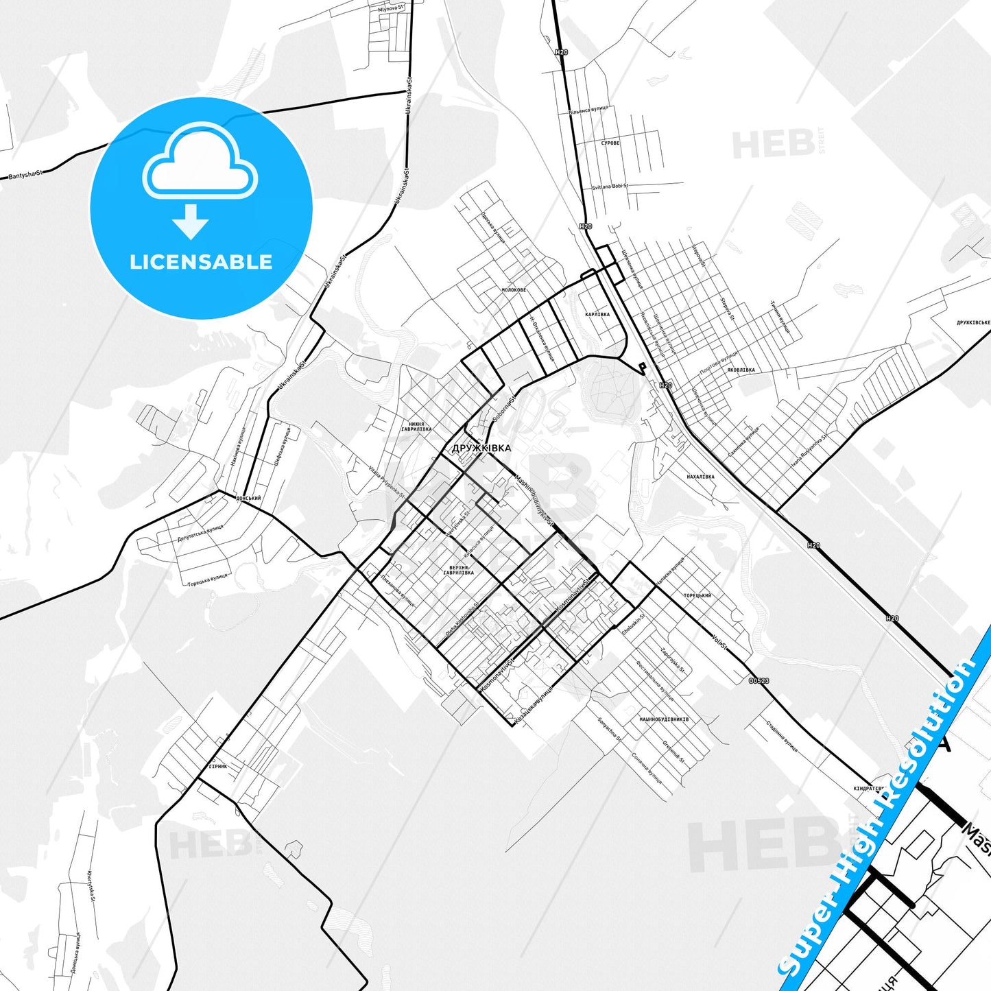 Druzhkivka, Ukraine Light Map with Street Names, City Names, and Districts