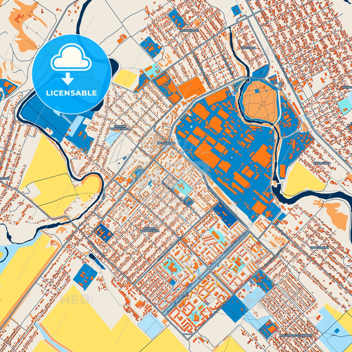 Colorful Druzhkivka Street Map with Labels and Buildings