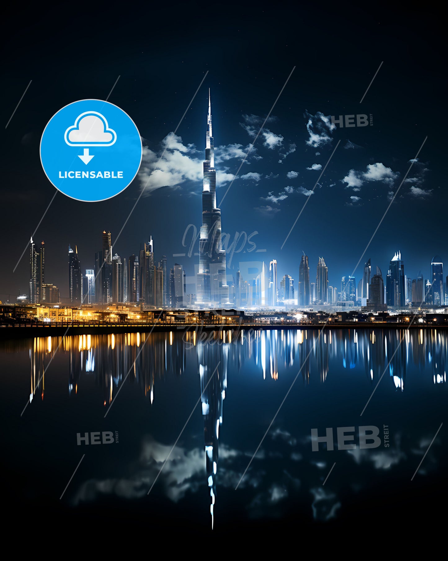 Vibrant Dubai City Skyline Urban Painting with Cloud Reflections in Water