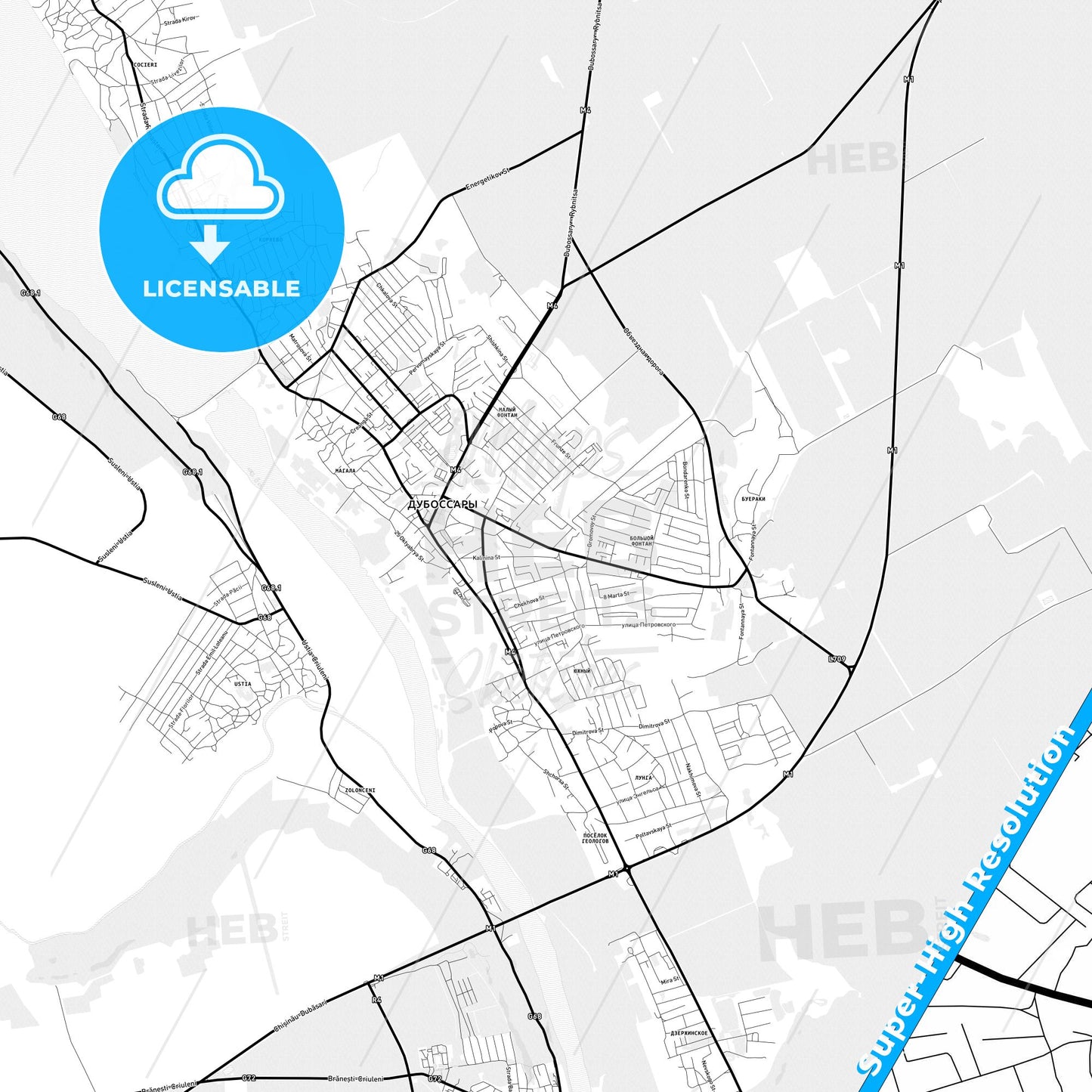 Dubăsari, Moldova Light Map with Street Names, City Names, and Districts
