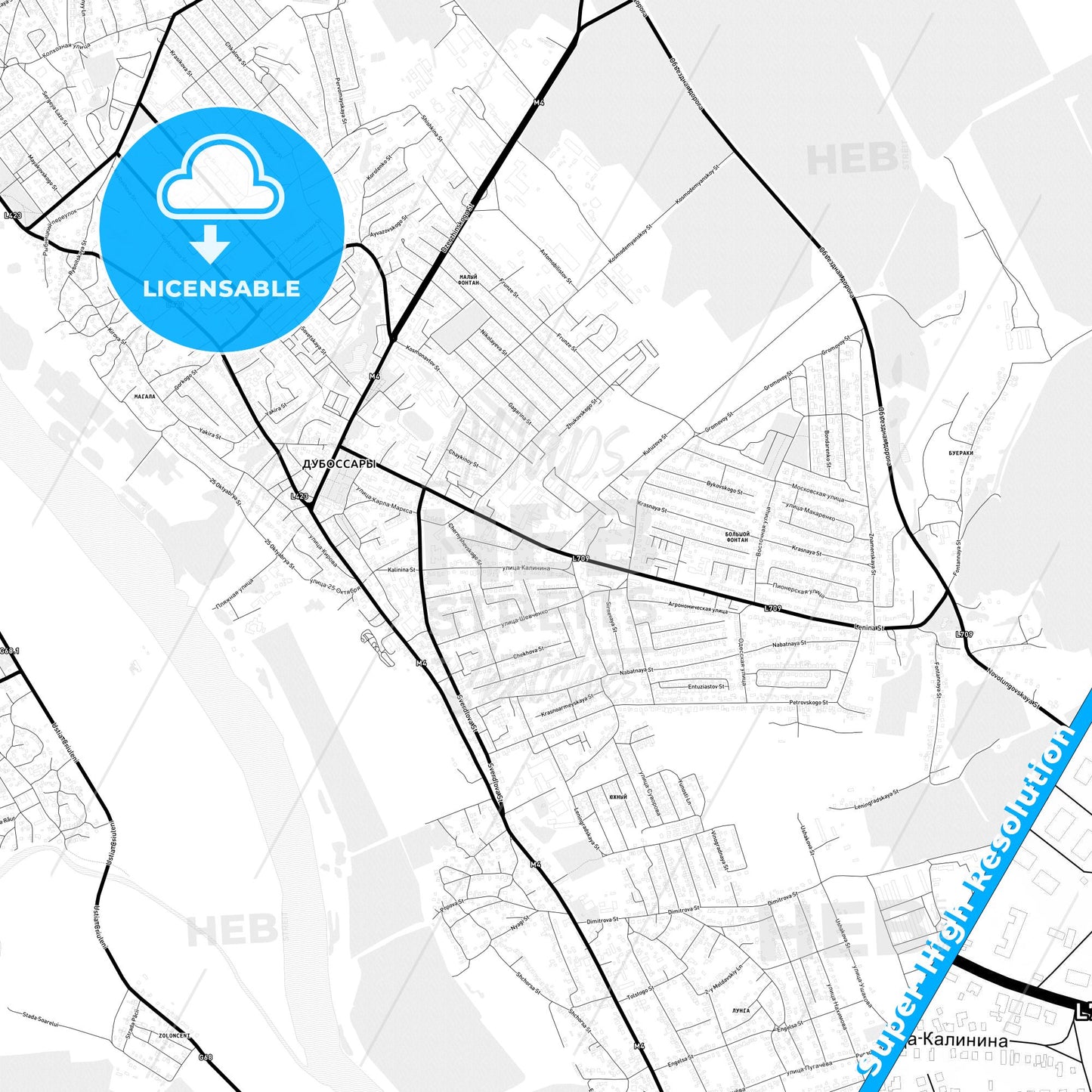 Dubăsari, Moldova Light Map with Street Names, City Names, and Districts