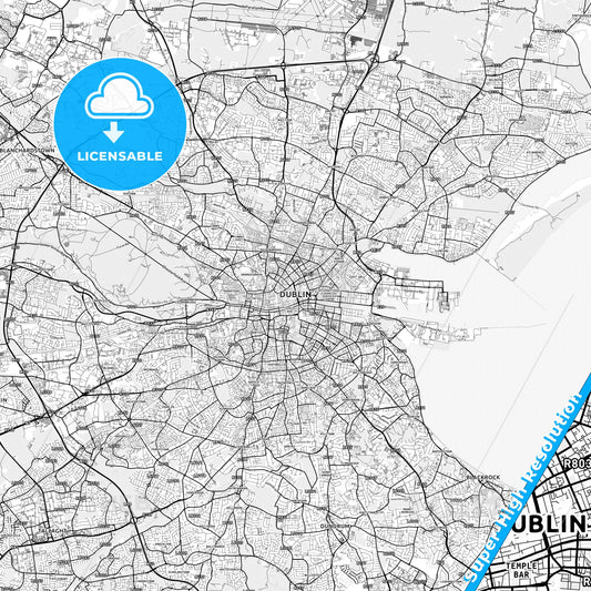 Dublin, Ireland light map with streetnames, citynames and districts