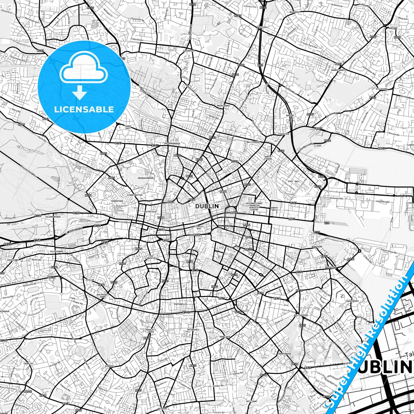 Dublin, Ireland Light Map with Street Names, City Names, and Districts