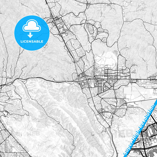 Dublin, California light map with streetnames, citynames and districts