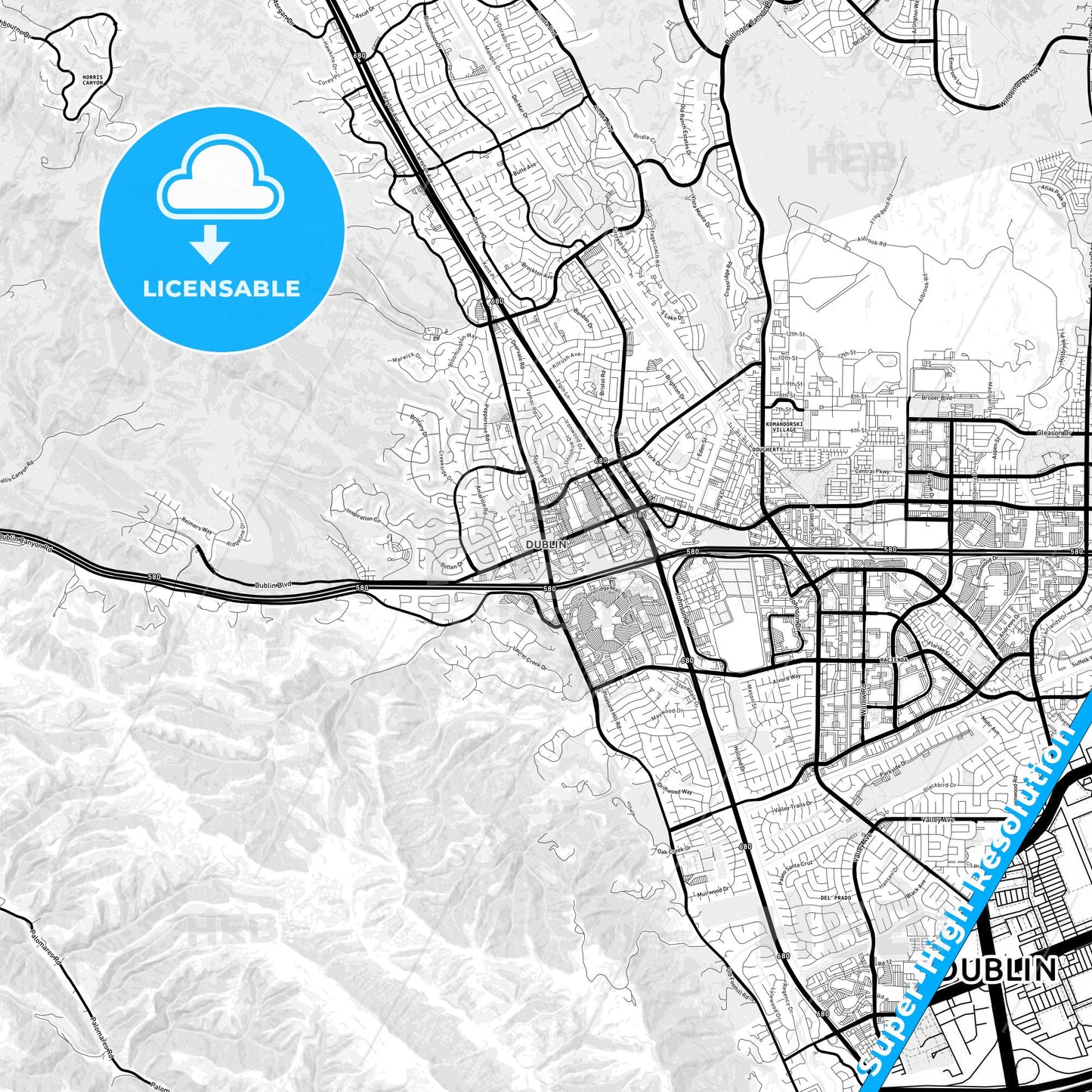 Dublin, California Light Map with Street Names, City Names, and Districts